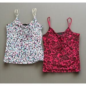 Lot Of (2) Y2K Attention Spaghetti Strap Tops XS Whimsy Goth Black Floral Pink